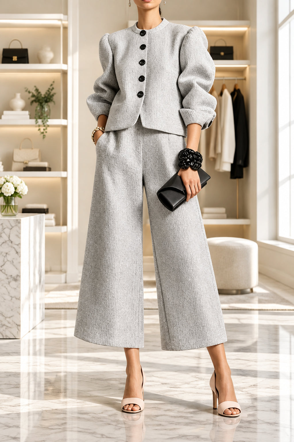 Light gray textured jacket with puff sleeves and dark buttons paired with cropped wide-leg pants