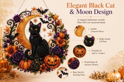 Black Cat Moon Diamond Art Hanging Ornament Kit – Relaxing DIY Halloween Craft 🎃💎