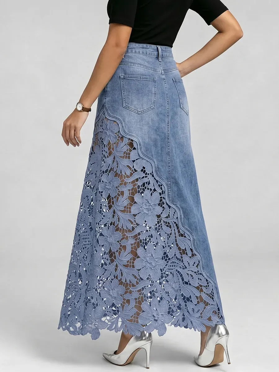 Stylish & Sexy ❤️‍🔥 Lace-paneled Cutout Denim Skirtv