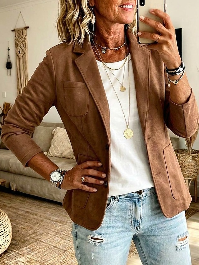 Women's Casual Suede Jacket Windproof Patchwork Pocket Buttons Vintage Regular Notch Lapel Regular Fit Long Sleeve Outerwear