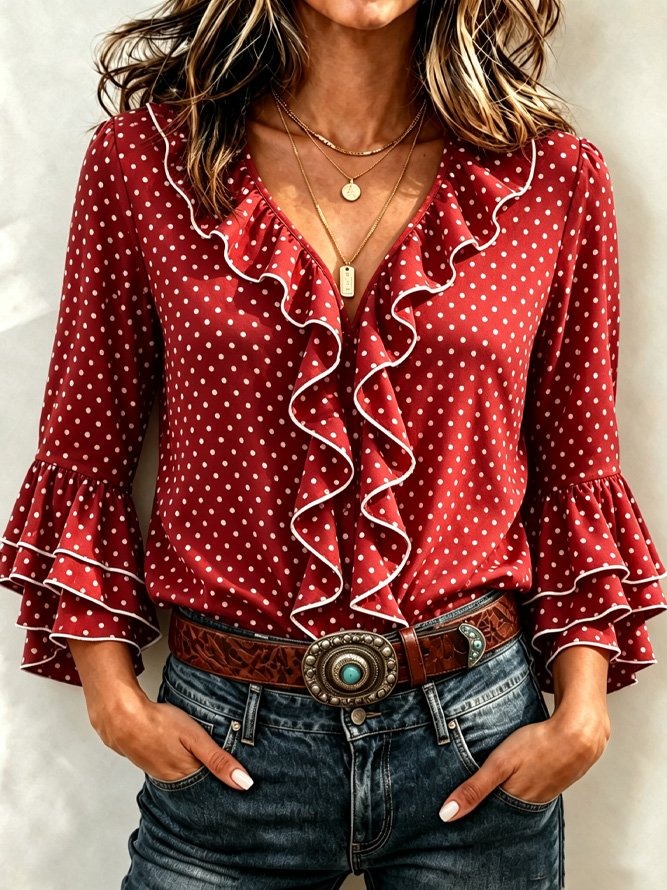 Women’s Polka Dot Ruffle V Neck Blouse Flare Sleeve Vintage Casual Top