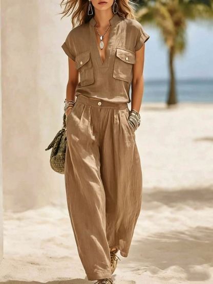 Women's Linen Blend Utility 2-Piece Set V-Neck Pocket Top & Wide Leg Pants