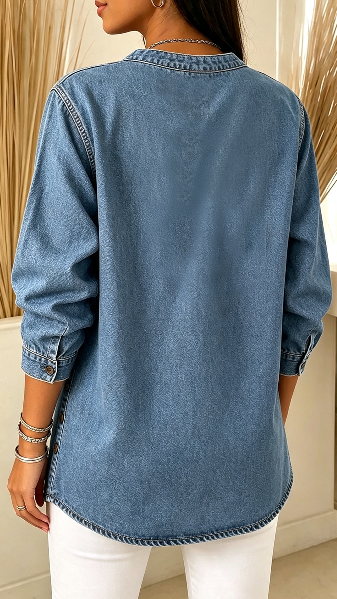 Women's Denim Henley Blouse Round Neck Button Detail Relaxed Long Sleeve Tunic Top