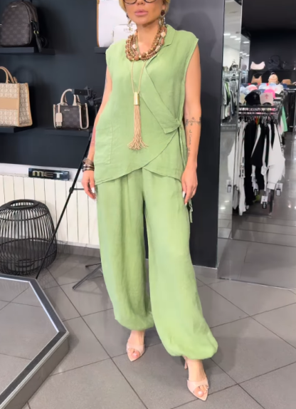 Collared Sleeveless Wrap Side Tie Linen Two Piece Outfit, Loose Wide Leg Jogger Pants Set