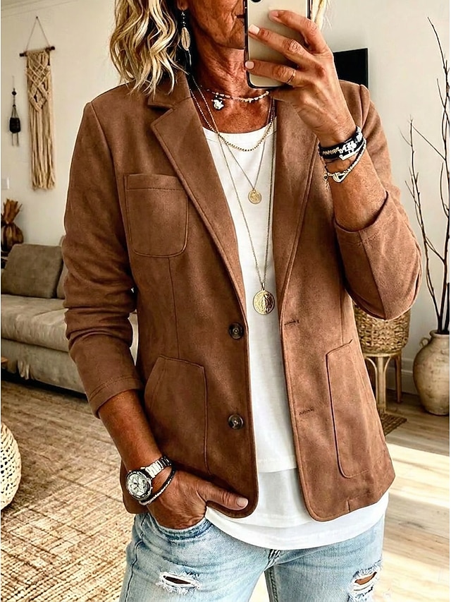 Women's Casual Suede Jacket Windproof Patchwork Pocket Buttons Vintage Regular Notch Lapel Regular Fit Long Sleeve Outerwear
