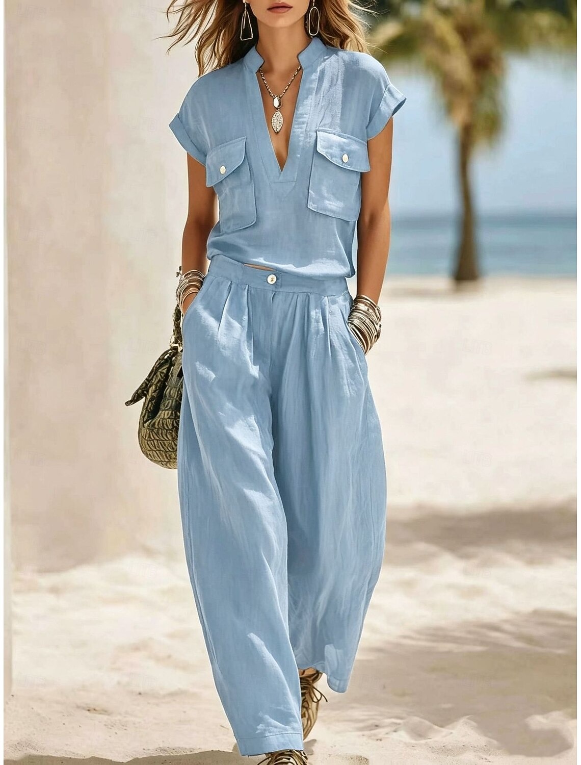 Women's Linen Blend Utility 2-Piece Set V-Neck Pocket Top & Wide Leg Pants