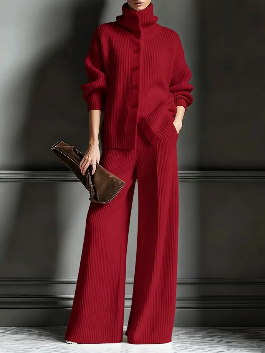Turtleneck Knit Cardigan & Wide Leg Pants Set | Elegant Cozy Two Piece Outfit