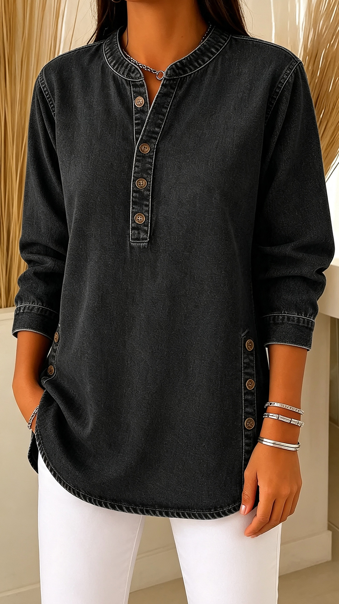 Women's Denim Henley Blouse Round Neck Button Detail Relaxed Long Sleeve Tunic Top
