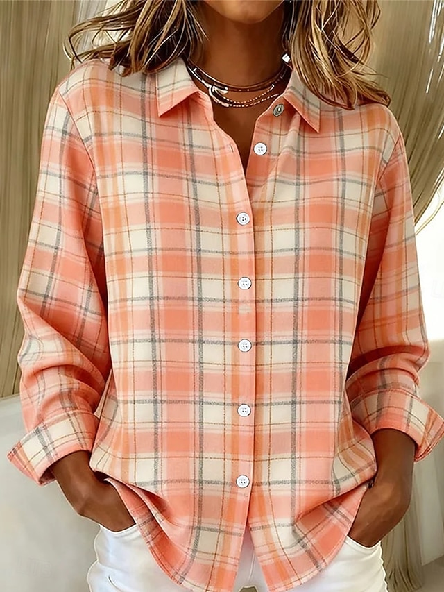 Women's Shirt Buttons Print Graphic Plaid Vintage Stylish Modern Long Sleeve Shirt Collar Regular Tops Daily Blue Yellow Purple Orange Green Summer Spring