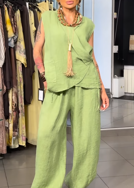 Collared Sleeveless Wrap Side Tie Linen Two Piece Outfit, Loose Wide Leg Jogger Pants Set