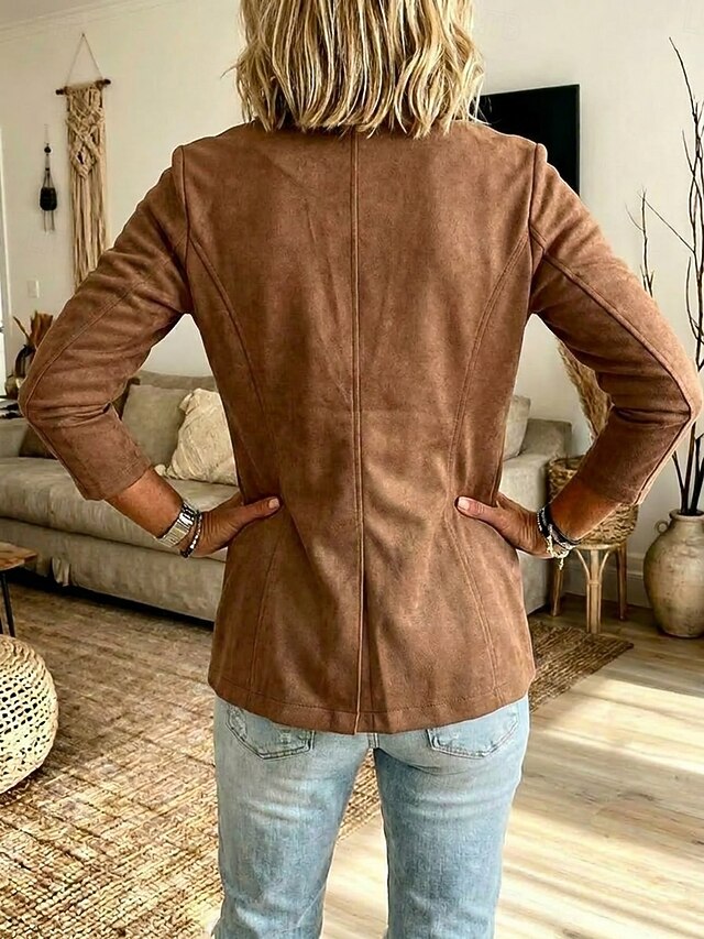 Women's Casual Suede Jacket Windproof Patchwork Pocket Buttons Vintage Regular Notch Lapel Regular Fit Long Sleeve Outerwear