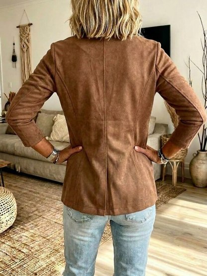 Women's Casual Suede Jacket Windproof Patchwork Pocket Buttons Vintage Regular Notch Lapel Regular Fit Long Sleeve Outerwear