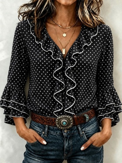 Women’s Polka Dot Ruffle V Neck Blouse Flare Sleeve Vintage Casual Top