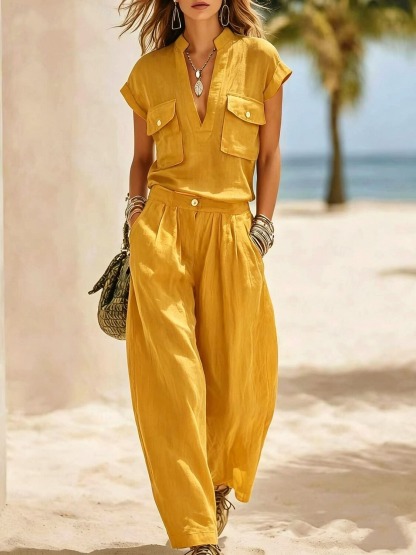Women's Linen Blend Utility 2-Piece Set V-Neck Pocket Top & Wide Leg Pants
