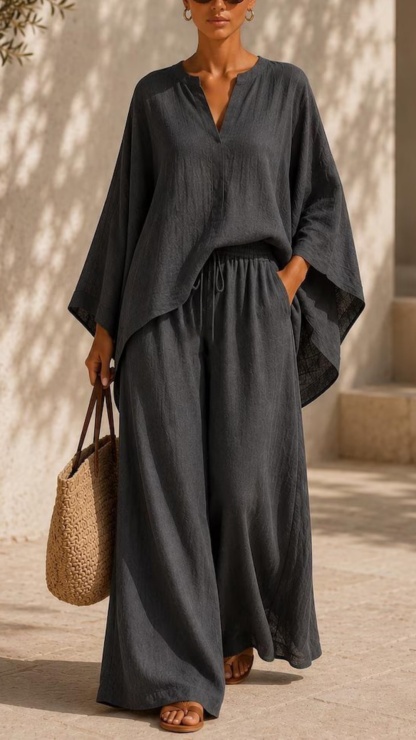 Linen Blend Batwing Sleeve Top & Drawstring Wide Leg Pants Set