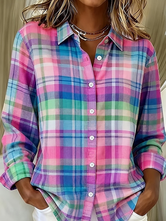 Women's Shirt Buttons Print Graphic Plaid Vintage Stylish Modern Long Sleeve Shirt Collar Regular Tops Daily Blue Yellow Purple Orange Green Summer Spring