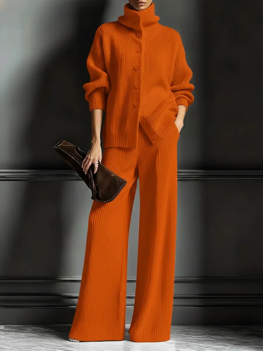 Turtleneck Knit Cardigan & Wide Leg Pants Set | Elegant Cozy Two Piece Outfit