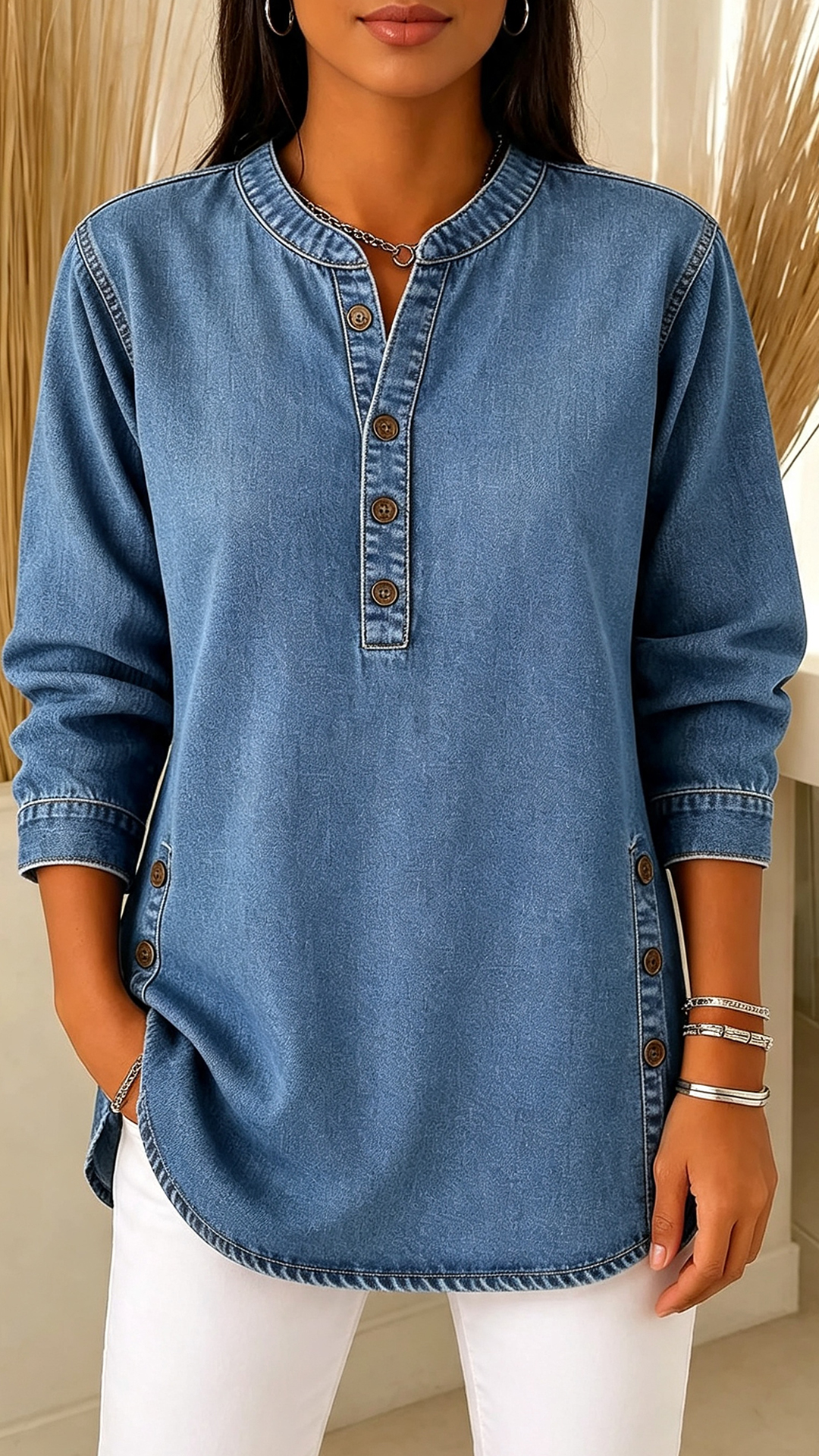 Women's Denim Henley Blouse Round Neck Button Detail Relaxed Long Sleeve Tunic Top
