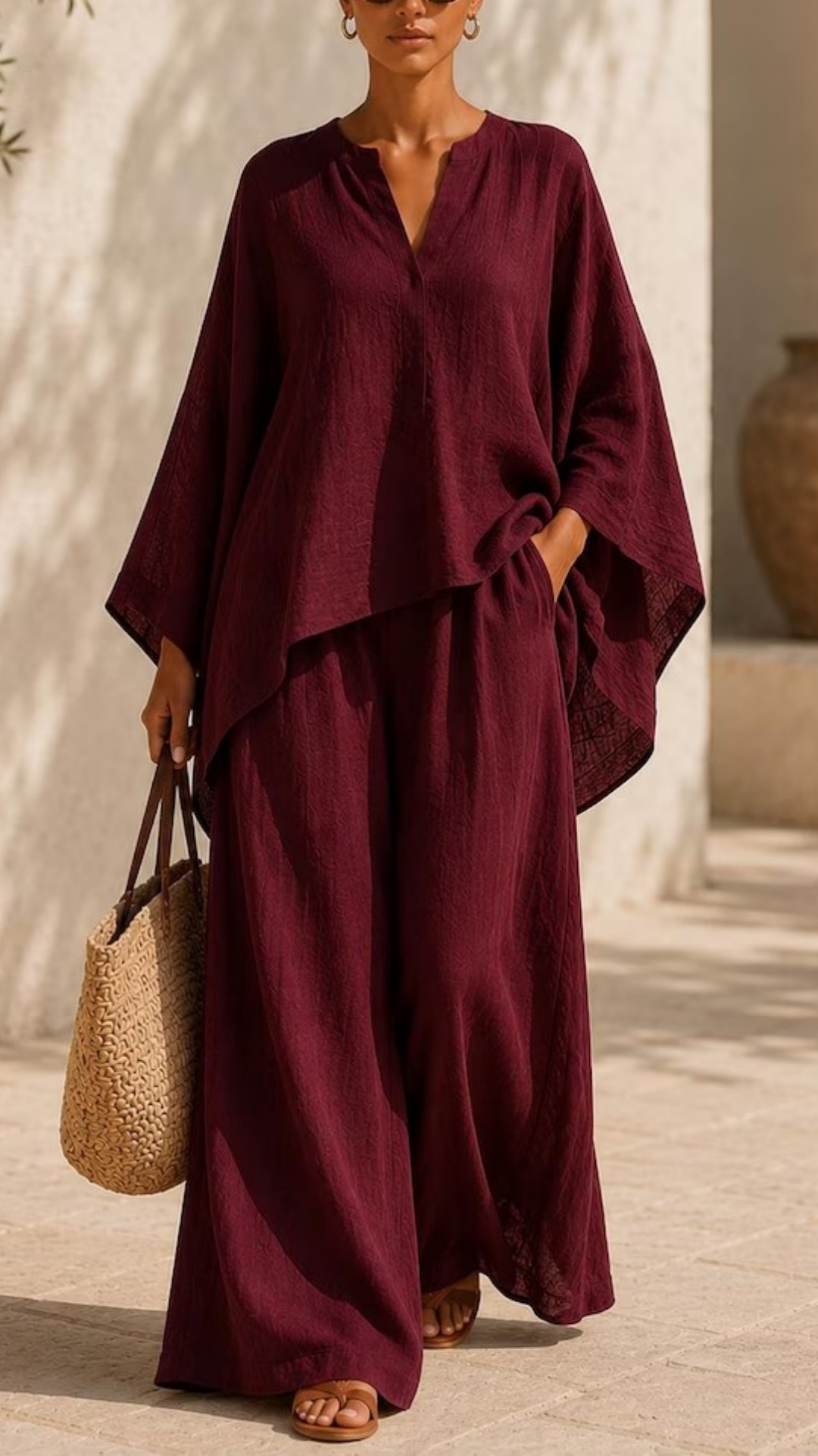 Linen Blend Batwing Sleeve Top & Drawstring Wide Leg Pants Set