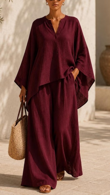 Linen Blend Batwing Sleeve Top & Drawstring Wide Leg Pants Set