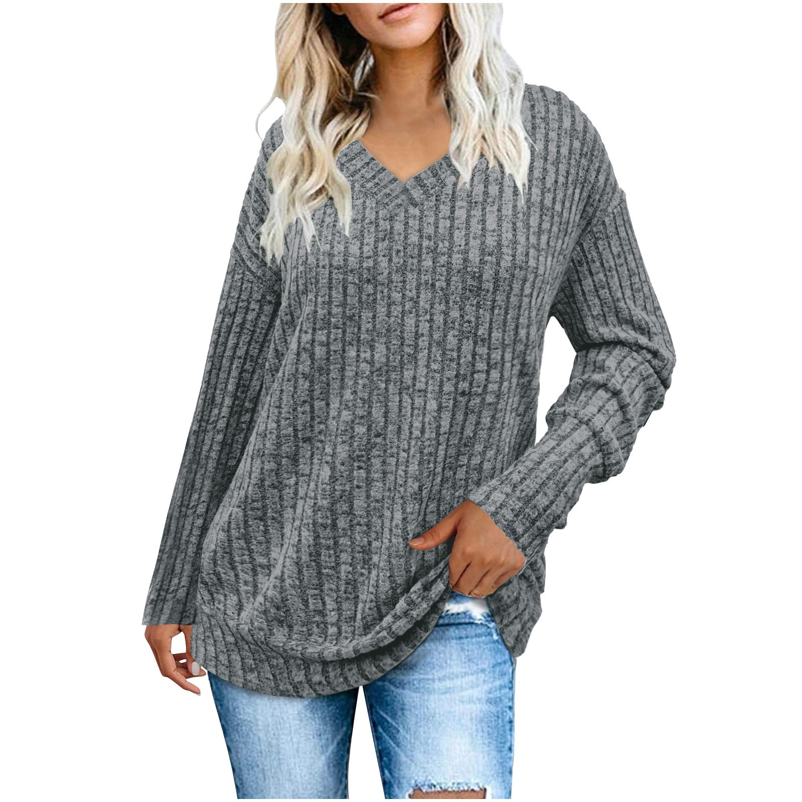 Ribbed V-Neck Knit Sweater