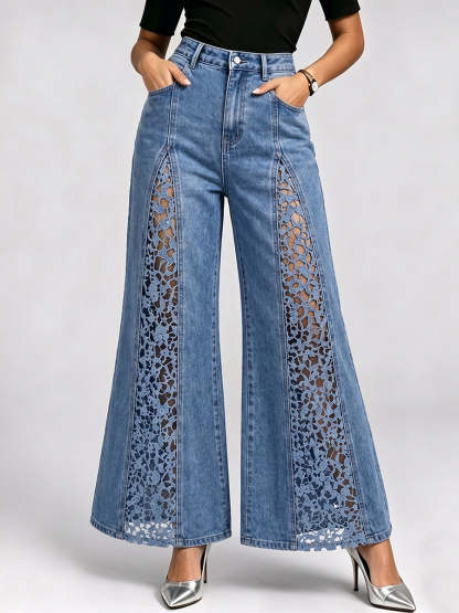 Stylish Lace-paneled Flared Jeans