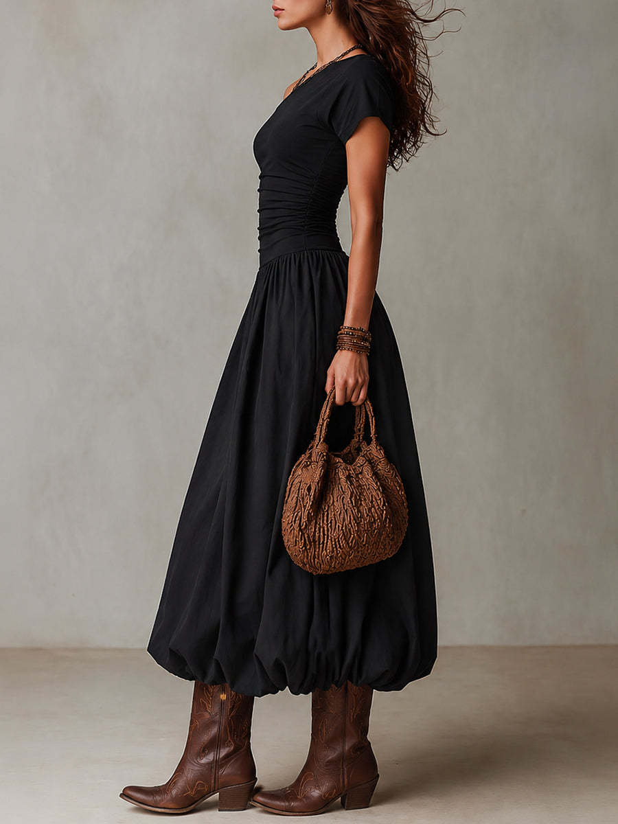Vintage-style One-shoulder Balloon Hem Maxi Dress