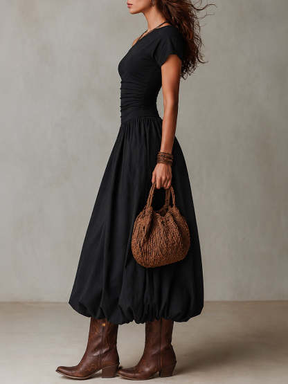 Vintage-style One-shoulder Balloon Hem Maxi Dress
