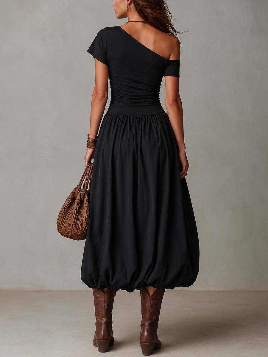Vintage-style One-shoulder Balloon Hem Maxi Dress