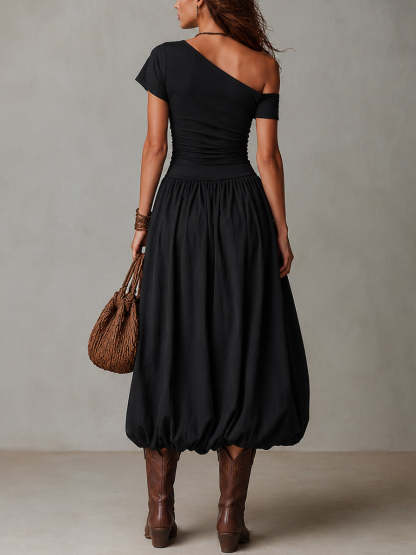 Vintage-style One-shoulder Balloon Hem Maxi Dress
