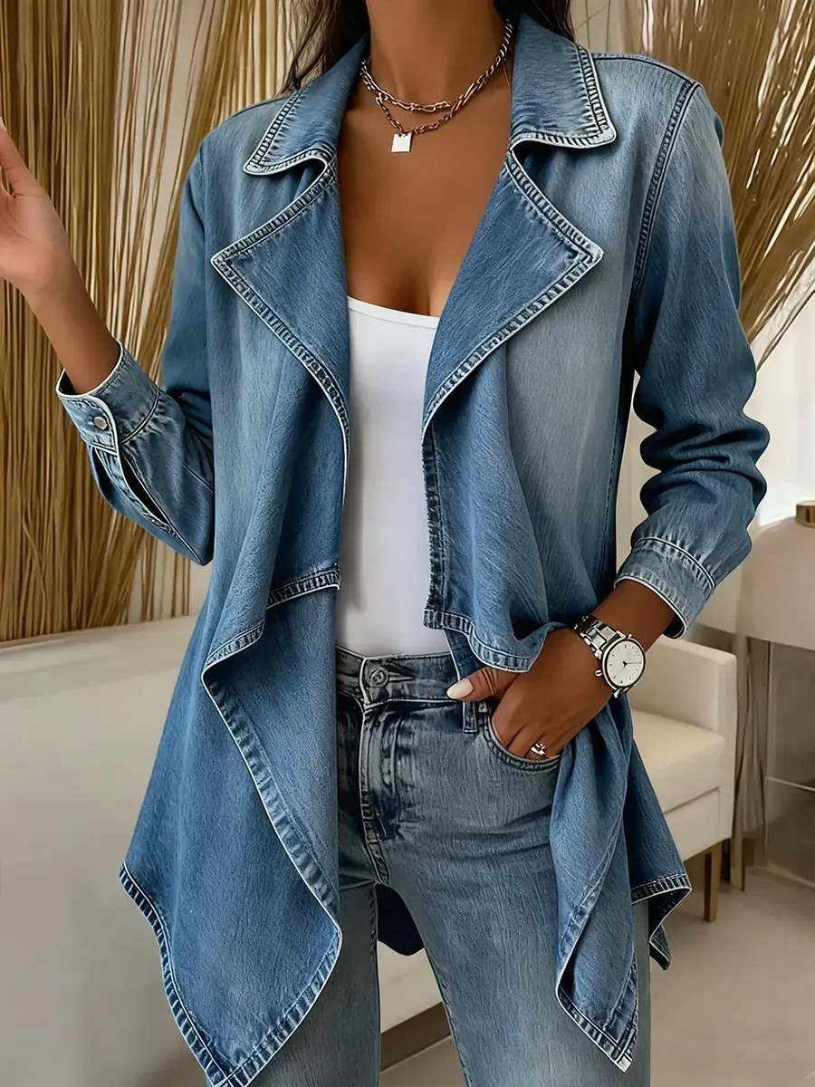 Women's Lightweight Denim Jacket Open Front Draped Lapel Long Sleeve Casual Coat