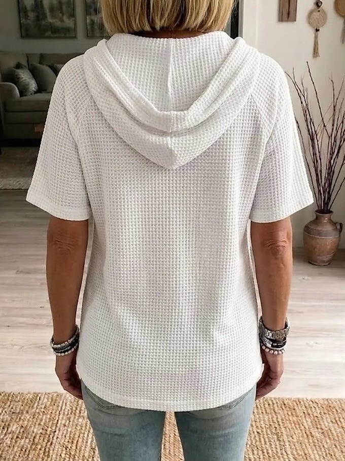 Women's Waffle Knit Hooded Henley Top Short Sleeve Casual V-Neck Tee