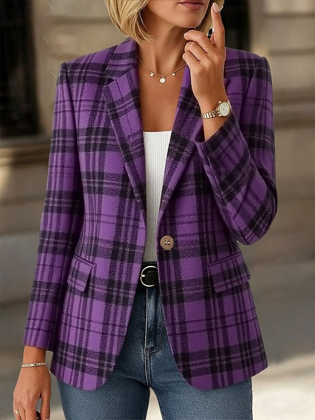 Women's Blazer Warm Comfortable Pocket Buttons Print Daily Casual Plaid Casual Office Formal Single Breasted Regular Notch Lapel Regular Fit Long Sleeve Outerwear