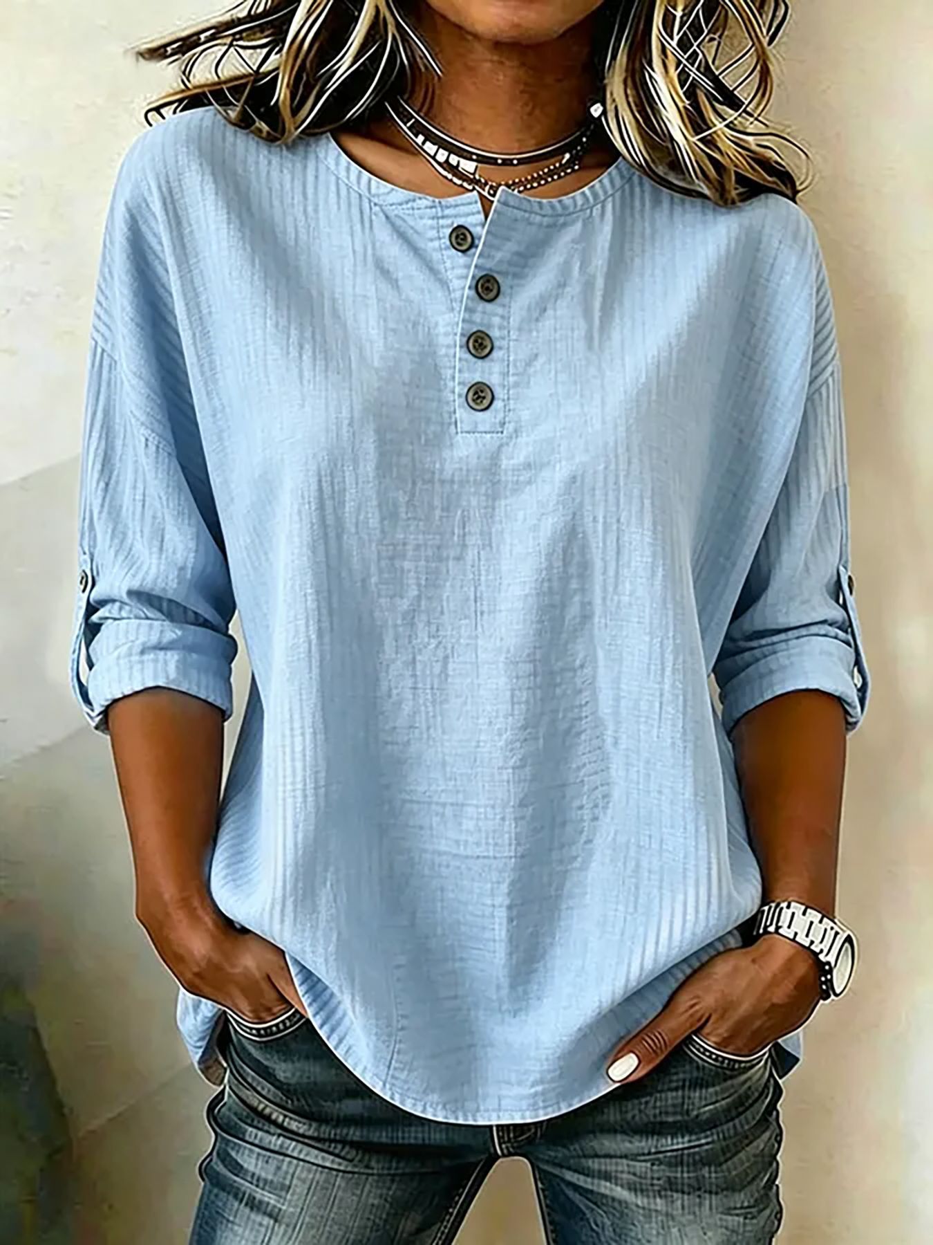 Henley Button Round Neck Cotton Linen Blouse