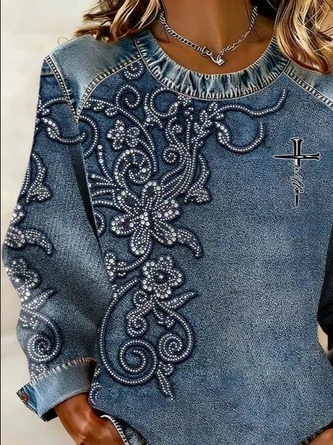 Women’s Vintage  Denim Patchwork Top, Casual Loose Fit Long Sleeve Round Neck Pullover Shirt