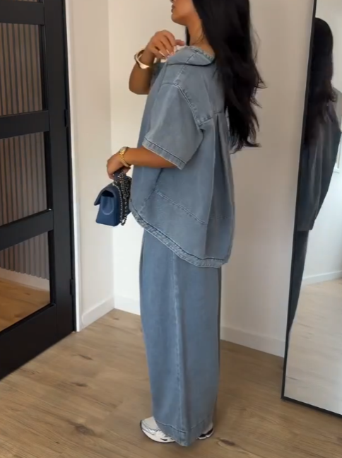 Casual Oversized Denim Matching Set, Wide Leg Pleated Jean Pants