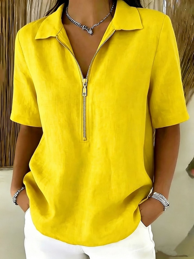 Women's Blouse Faux Linen Shirt Zipper Buttons Solid Color Daily Stylish Casual Short Sleeve Polo Collar Regular Tops Casual Daily Blue Black White Yellow Khaki Summer Spring