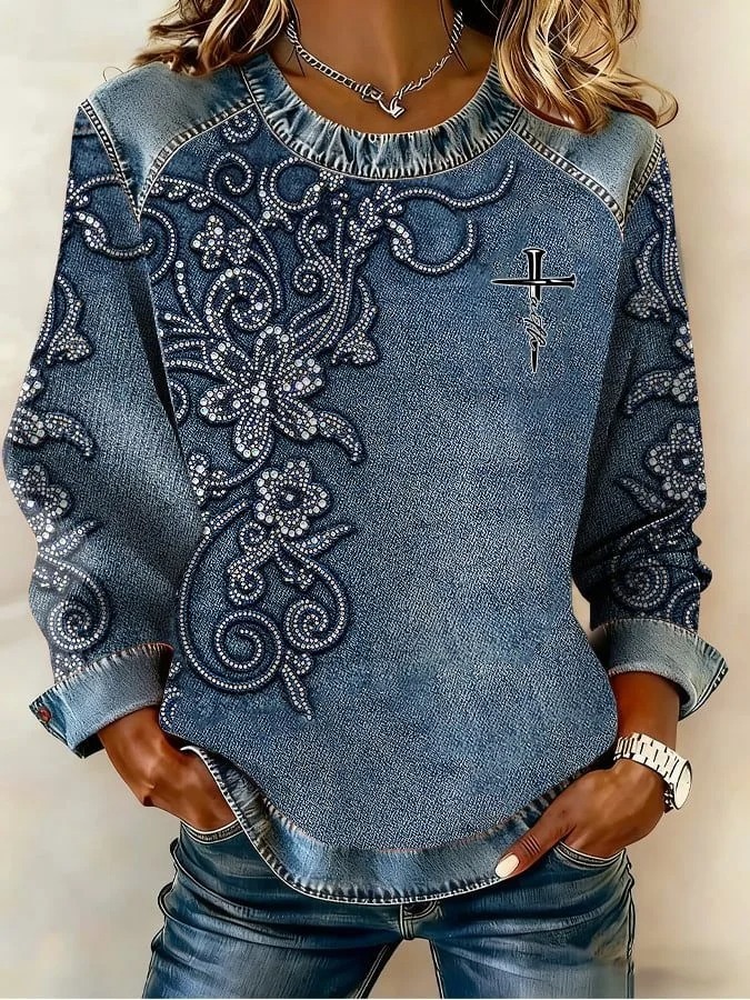 Women’s Vintage Denim Patchwork Top, Casual Loose Fit Long Sleeve Round Neck Pullover Shirt
