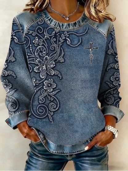 Women’s Vintage  Denim Patchwork Top, Casual Loose Fit Long Sleeve Round Neck Pullover Shirt