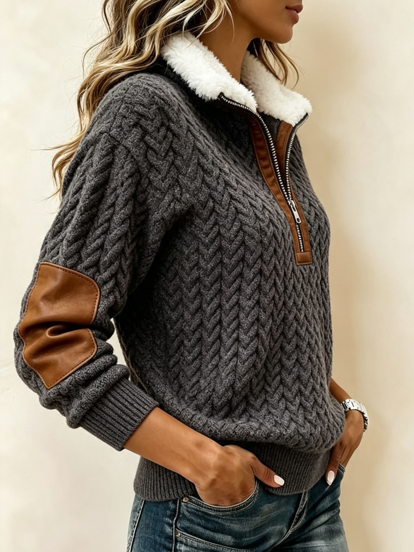 Faux Fur Collar Knit Pullover | Zip Neck Textured Sweater Top
