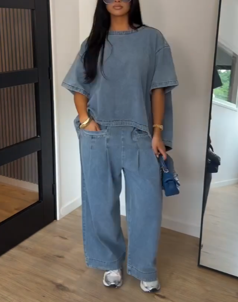 Casual Oversized Denim Matching Set, Wide Leg Pleated Jean Pants