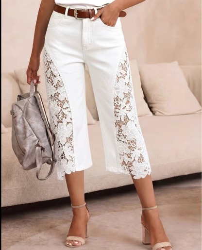 Lace Splice Denim Capri Pants