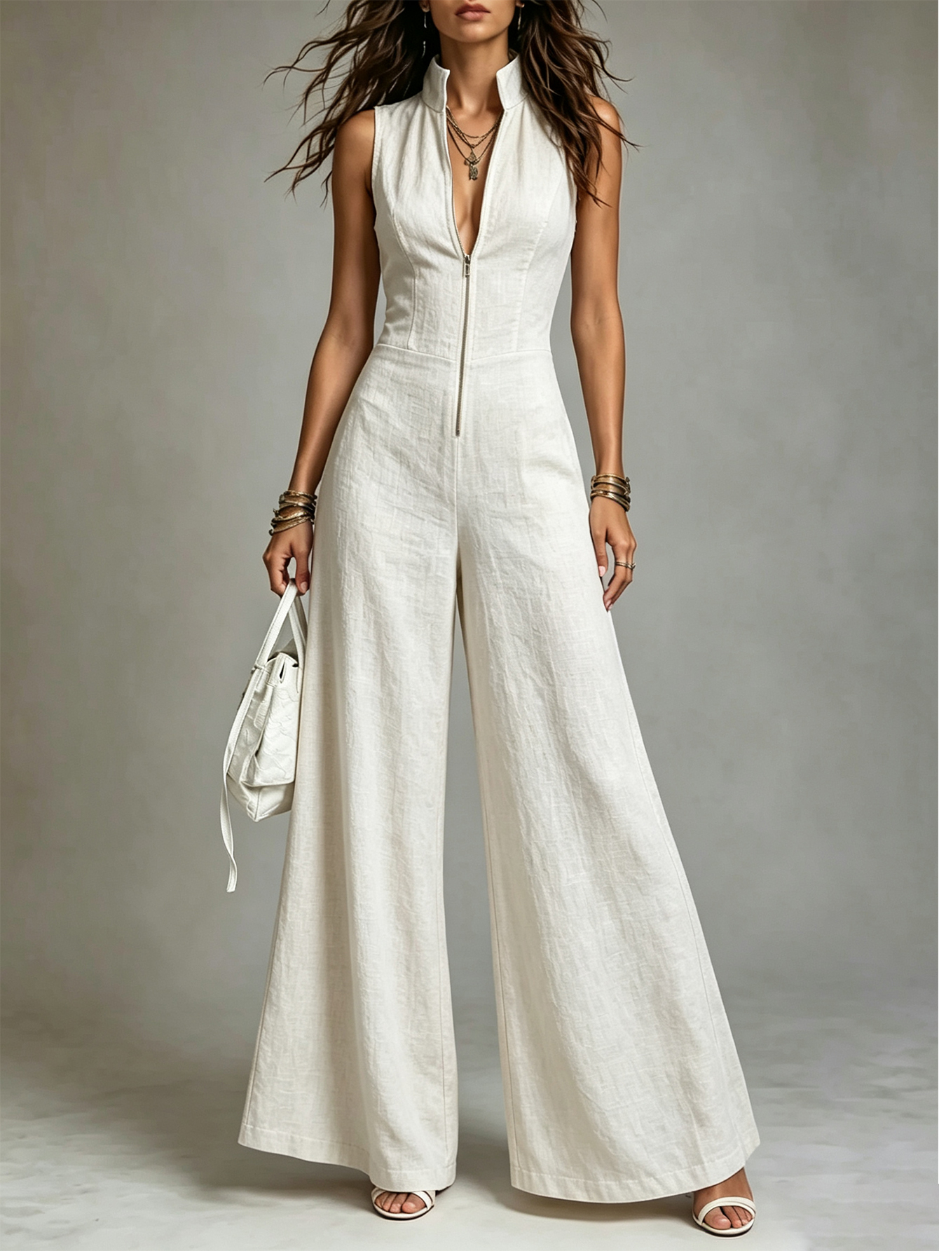 Retro Stand-Collar Tencel Wide-Leg Jumpsuit With Lace Trim