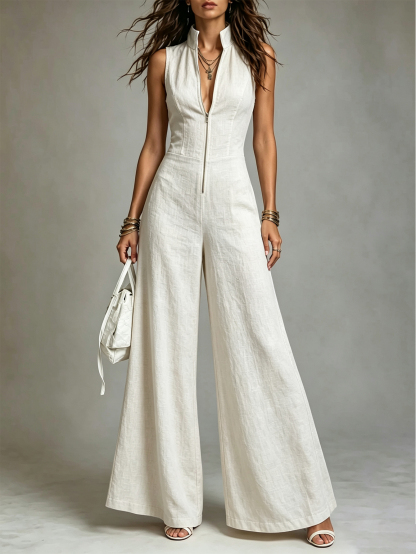 Retro Stand-Collar Tencel Wide-Leg Jumpsuit With Lace Trim