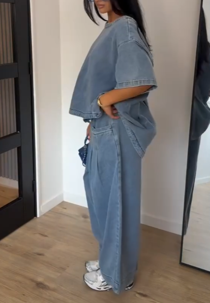 Casual Oversized Denim Matching Set, Wide Leg Pleated Jean Pants