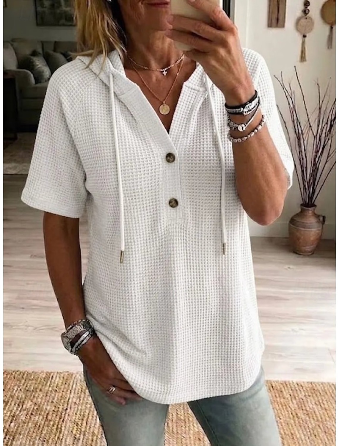 Women's Waffle Knit Hooded Henley Top Short Sleeve Casual V-Neck Tee