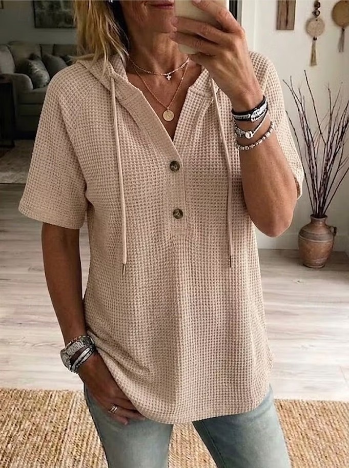 Women's Waffle Knit Hooded Henley Top Short Sleeve Casual V-Neck Tee