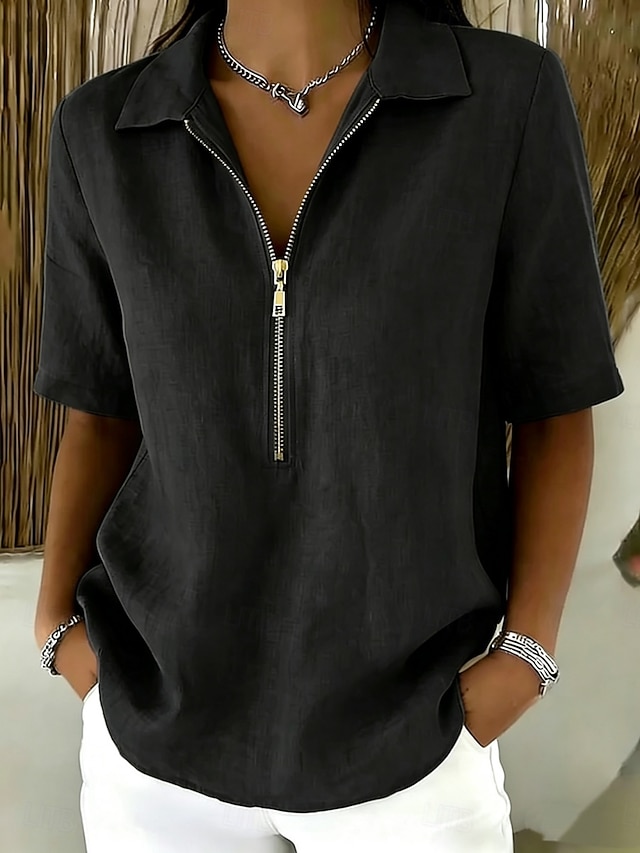 Women's Blouse Faux Linen Shirt Zipper Buttons Solid Color Daily Stylish Casual Short Sleeve Polo Collar Regular Tops Casual Daily Blue Black White Yellow Khaki Summer Spring