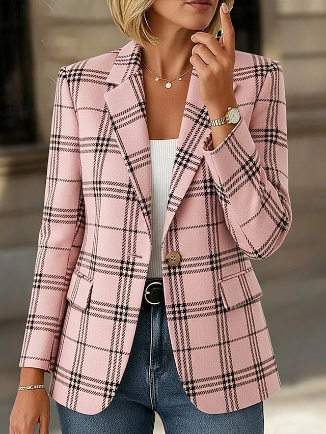 Women's Blazer Warm Comfortable Pocket Buttons Print Daily Casual Plaid Casual Office Formal Single Breasted Regular Notch Lapel Regular Fit Long Sleeve Outerwear