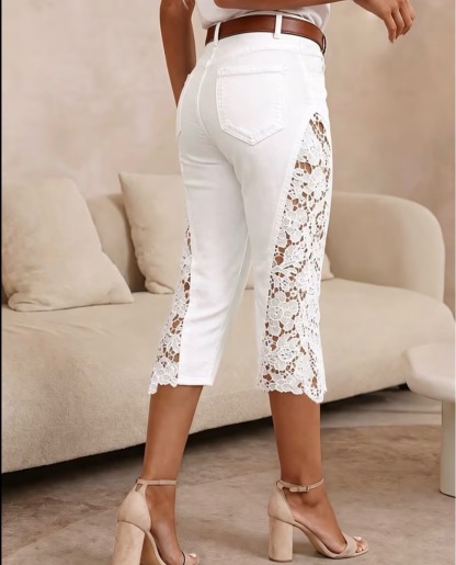 Lace Splice Denim Capri Pants